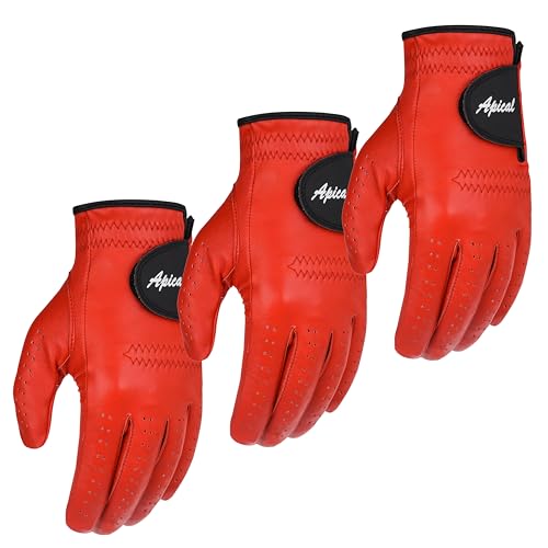 Apical - Men’s Golf Glove – Premium Cabretta Leather, All Weather Grip, Left & Right Hand Options – Comfortable Fit, Value Pack - Breathable Performance Golf Gloves (Pack of 3) (Red, L, Left)