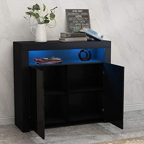 Panana High Gloss 2 Door Sideboard Cupboard with LED Lights Display Cabinet Storage for Living Dining Room Bedroom Furniture (Black)