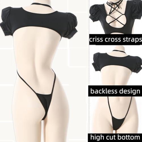 WBDWWTD Seksowny króliczek bielizna kostium Anime uczennica strój cosplay jednolite przezroczyste body z wycięciem jednoczęściowy string Tankini Bodycon krzyżowy krótki top wiązany na szyi na