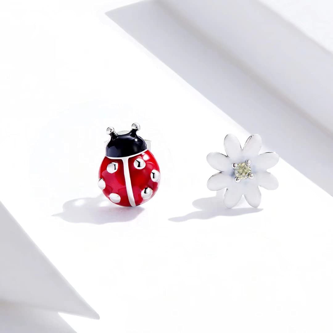 Qings Orecchino Fiore Coccinella Donna in Argento Sterling 925 Orecchino Animale Fiore Margherita Orecchini Asimmetrici Cartilagine Carino Mini per Donne Ragazze Adolescenti