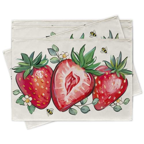 Croar Spring Summer Strawberry Placemats Set of 4, Red...