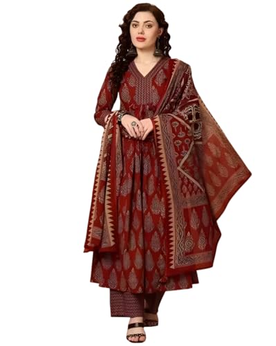 Image of Women's Slub Rayon Paisley Print Anarkali Kurta Pant with Dupatta