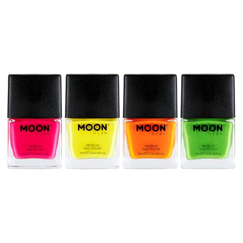 Neon UV Nail Polish by Moon Glow - Intense Set of 4 - Bright Neon Nail Varnish - Glows under UV - 10ml