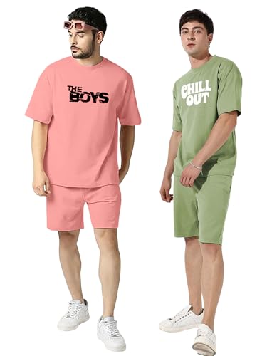 Image of Zombom Combo of Men's Night Suit | Men's Co-ord Set | Lounge-wear Nightdress Pajama Set | Summer Night Wear | Solid Plain Casual Pajama Shorts Set | Beach Wear Pack of 2