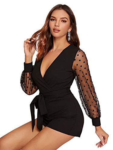 SheIn Women's Polka Dots Sheer Mesh Bishop Long Sleeve Jumpsuit Belted Wrap Romper Black Dots Mesh Medium