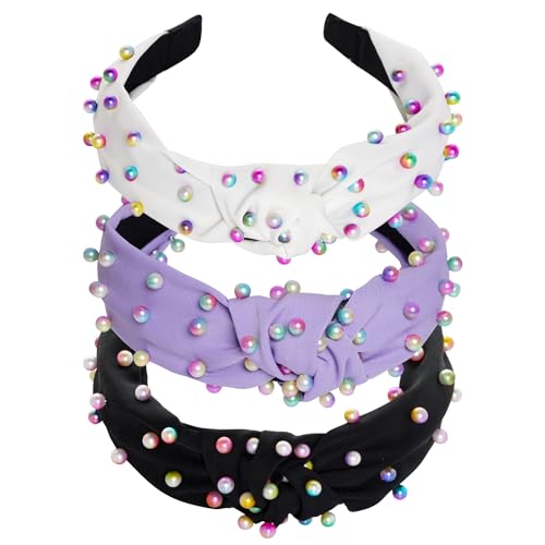 Sucrain 3 Pcs Pearl Knotted Headbands for Women Girls Colorful Jeweled Embellished Gem Faux Pearl Cross Knot Twisted Hairband Turban Headband Hair Accessories(Black,White,Purple)