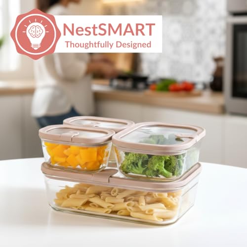 Image of Nestasia Vento Glass Containers with Lid Set of 4 (370ml x 2, 930ml x 1, 2500ml x 1) - Microwave, Refrigerator & Dishwasher Safe Containers with Air Vent Lid for Fridge Storage (Beige)
