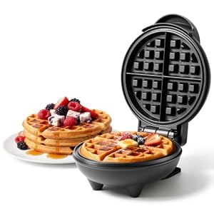 Vonshef Mini Waffle Maker – 550W Waffles Machine with 12.5cm Non Stick Plates, Compact Breakfast Machine, Single Belgian & American Snacks Machine with Indicator Light – Black