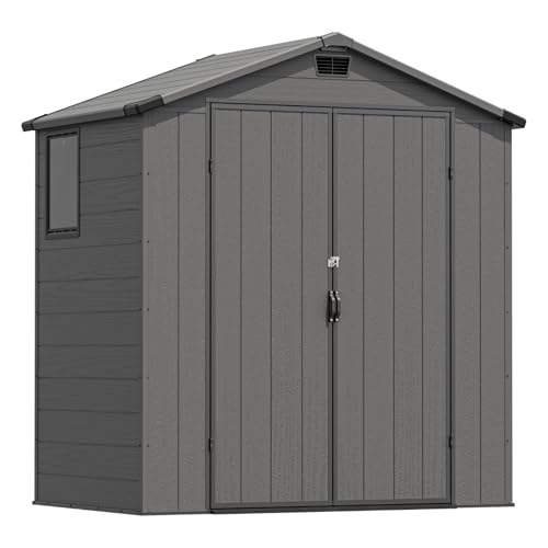 Image of Greesum 6x4FT Plastic Outdoor Storage Shed with Floor, Resin Sheds with Lockable Double Door, Tool Sheds with Vents and Window, for Garden, Backyard, Patio, Dark Gray