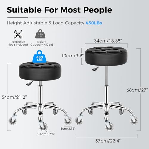 Image of BEWISHOME Rolling Stool with Wheels, Adjustable Stool Heavy Duty 450lb, 360 Swive Rolling Chair for Massage Spa Medical Tattoo, PU Thick Seat Padding Salon Chair(Black) BYD01B