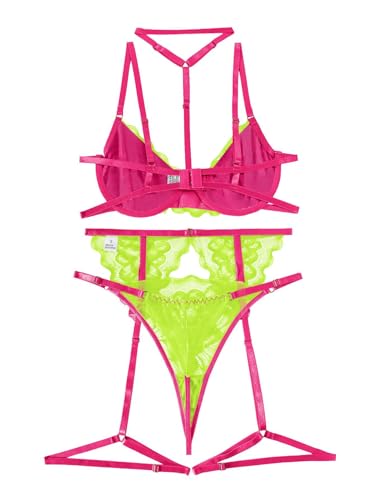 Image of Lilosy Petite Sexy Choker Floral Lace Scallop Sheer Underwire Push Up Garter Belt Lingerie Set 3 Piece for Women See Through Bachelorette Bra and Panty Neon Green Hot Pink X-Small