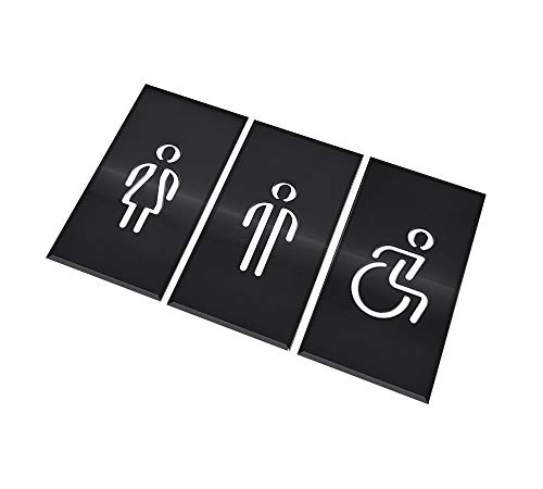 DOJA BARCELONA | Cartel para Baño | Hombre + Mujer + Discapacitado | Color Negro | 180mm x100mm | Simbolo Adhesivo WC para Puerta | Placa Pegatina para Aseo, Aseos Cartel, Señal de Lavabo