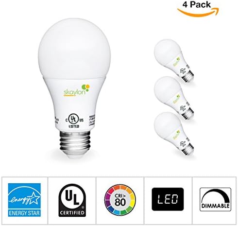 Skaylon Lighting Dimmable LED A19 Light Bulb- Energy Star 60W Equivalent CRI80+ LED Lights- Soft White 750 Lumens, UL-Listed 3000K Energy Efficient LED House Bulb, Pack of 4