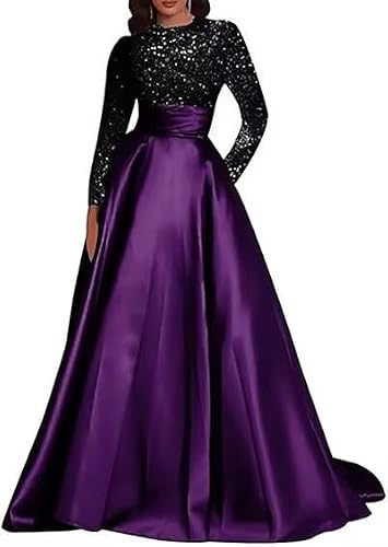 EBAKUS A-line Black Plum Prom Dresses with Pockets Long Sleeves Long Satin Plus Size Formal Gowns with Sequins 16