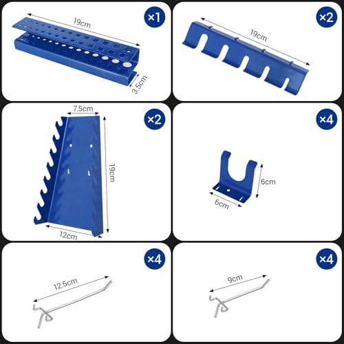 LIFERUN Metal Tool Wall, Three-part Pegboard Workshop, Expandable Tool Pegboard with 17-piece Hooks and Holders, Tool Wall for Workshops (Blue)