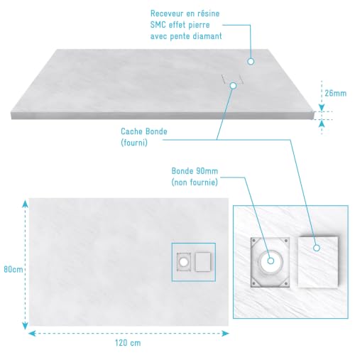 Receveur à poser en matériaux composite SMC - Finition ardoise blanc mat - 80x120 cm – vue 4