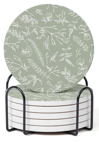 Hoomey Set of 6 Floral Sage Green Coasters with Holder, Absorbent Ceramic Drink Coasters with Cork Backing for Table Protection, Coffee Table Décor