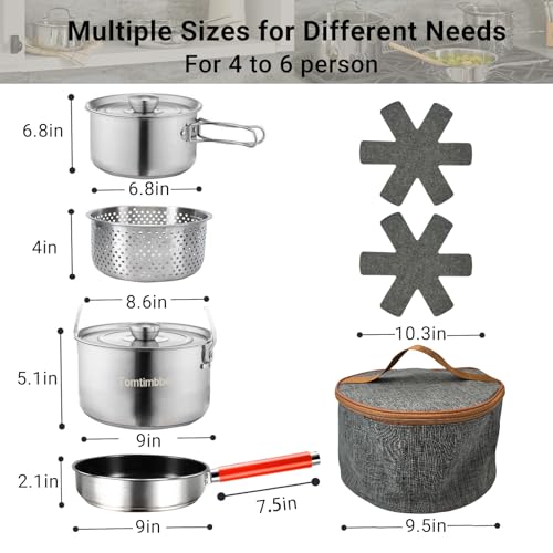 Tomtimbber Camping Cookware Set 304 Stainless Steel Cooking Pots Pan Set with Travel Tote Bag for Camping Outdoor Kitchen Cooking Picnic for 4-6