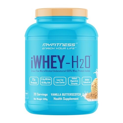 Image of Myfitness iWhey H2O | 88% Protein Per Serving | 100% Whey Protein Isolate | Added Colostrum | Added Digestive Enzymes | Whey Protein Powder (Vanilla Butterscotch, 500g (20 servings))