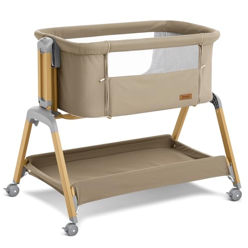 Jimglo 3 in 1 Baby Bassinet, Rocking Bassinets with Comfy Mattress and Wheels, Adjustable Height Bassinet Bedside Sleeper, Easy Folding Portable Crib for Newborn (Khaki)