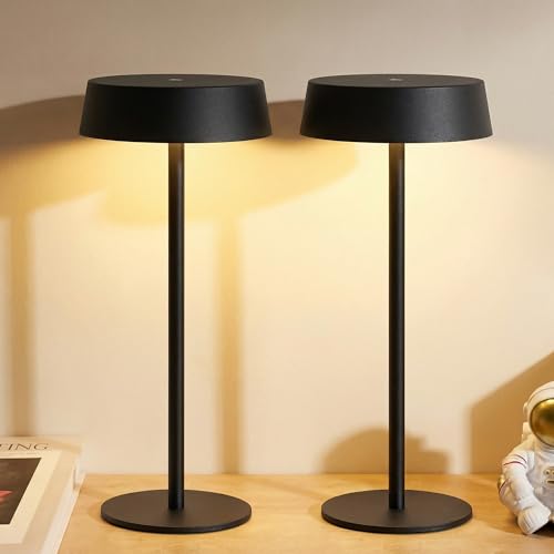 NEWSEE Contemporary Cordless Table Lamp Set of 2, Waterproof, Rechargeable 5000mAh Battery-Powered, Dimming Night Light for Bedroom, Dining Room, Bar, and Outdoor Use (Black)