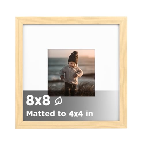 KINLINK 8x8 Picture Frame Wood Grain, Wooden Square Photo Frames Matted 4x4 with Plexiglass for 4x4 with Mat or 8x8 without Mat for Table and Wall Display