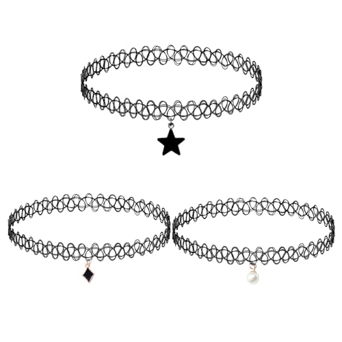 strrng - strrng 3 Pieces Choker Necklace,Stretchy Choker Necklace,Black Tattoo Chokers Necklaces Set,Star,Diamond,Pearl Pendant,Jewelry 90s Chokers Necklaces Accessories,for Woman Teen Girls Jewelry Gift