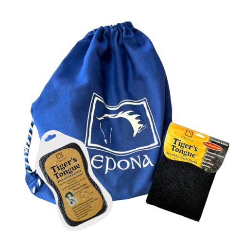 Epona Tigers Tongue Groomer & Tigers Tongue Scrubby Bath Cloth Horse Grooming Tools with Bonus Backpack
