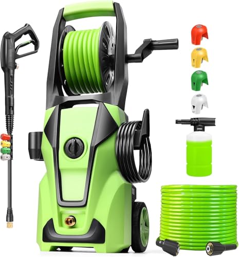 commowner Pressure Washer 5000PSI Adjustable Pressure with 33FT Hose, 4 Nozzle, Power Washer for Home Cars Driveways, Light Green