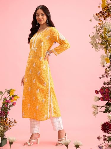 Image of Ada Women's Cotton Straight Fit Straight Hand Embroidered Lucknowi Chikankari Kurta Kurti A411378