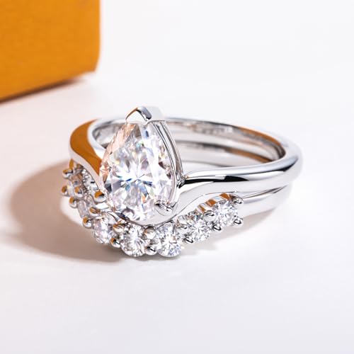 AimiIee Pear Cut Moissanite Wedding Rings Set 2.54cttw(2CT Center Stone) D Color VVS1 Clarity 925 Sterling Silver Engagement Promise Rings Wedding Bridal Set for Women with Certificate Size 6.5 by AimiIee - Image 4