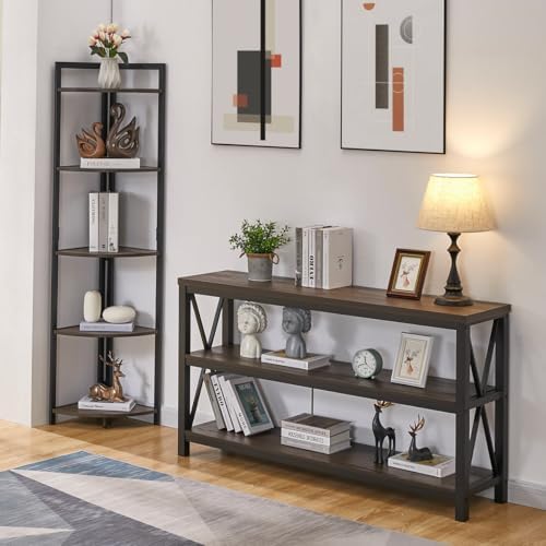 FATORRI Console Table for Entryway, Sofa Tables Behind Couch, Rustic Wood and Metal Foyer Table with 3 Tier Shelves for Hallway Living Room, Front Door (55 Inch, Walnut Brown) - Image 7