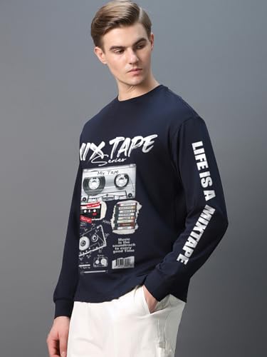 Image of Bewakoof Men's Graphic Printed Oversized Fit Full Sleeve Round Neck Cotton Jersey T-Shirt