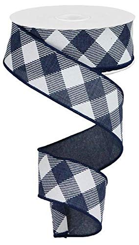 Diagonal Plaid Check Wired Edge Ribbon - 10 Yards (Navy Blue, White, 1.5")