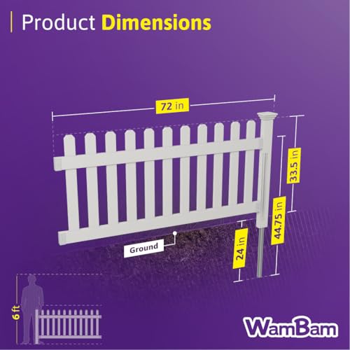 3ft H x 6ft W (1 Panel + 1 Post) No Dig WamBam Newport Fence Kit, White Vinyl Picket Fences, Easy Install Outdoor Fencing for Backyard or Patio, DIY Decorative Border, ZP19002
