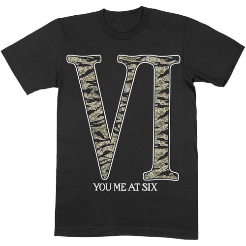 Image of You Me At Six VI Camo Roman Text Graphic Print Short-Sleeved Cotton T-Shirt Black L