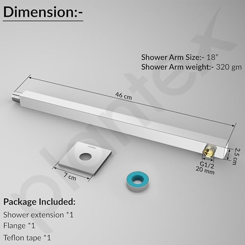 Image of Plantex 18-Inch Shower Arm for Overhead Shower /Stainless Steel Shower Pipe /Wall Mount Bathroom Fitting with -Inch Thread - Pack of 1 (Chrome)