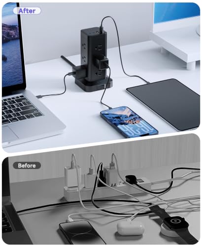 Tower Power Strip with PD 30W Fast-Charging Port, 12 Outlets, 4 USB Ports (2 USB-C), 1800J Surge Protector, Charging Station for Multiple Devices,9.8FT Extension Cord, Black, Home Office Essentials - Image 6