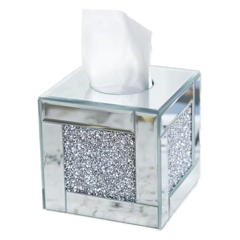 Mirrored Tissue Box Cover Holder, Square Glass Facial Tissue Holder with Crushed Diamond Crystals, Luxury Facial Paper Organizer Dispenser for Bathroom, Vanity Countertop, Tabletop, Silver Cover
