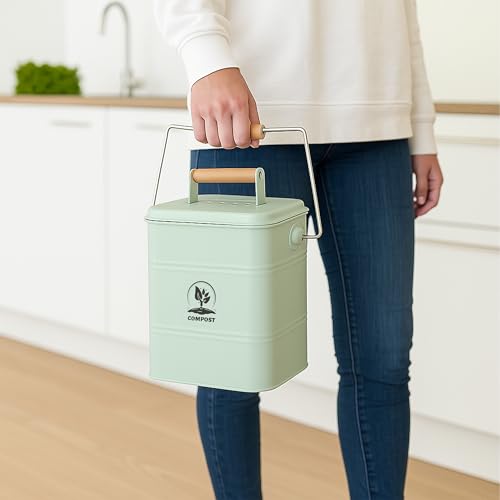 Relaxdays Kitchen Compost Bin, 3.5 Litres, Iron & Wood, 2 Charcoal Odour Filters, Lid & Handle, Food Waste Caddy, Green - Image 7