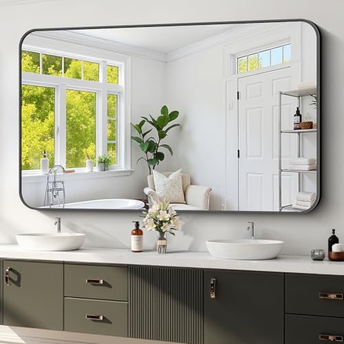 Koonmi Black Framed Bathroom Mirror - 36x60 Inch Shatterproof Tempered Glass Vanity Mirror for Bathroom Sink Wall Mounted with Matte Aluminum Alloy Frame No Distortion Modern Decor