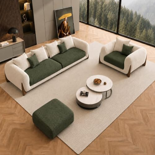 Image of Modern Boucle Sofa for Living Room Bedroom Reception and Office Wooden Polished Leg Sofa for Living Room (Forest Green & Off White)
