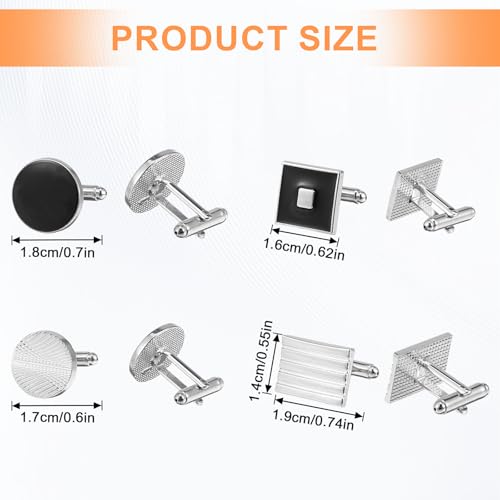 8 Pcs Men's Classic Cufflinks Cuff Links for Men Silver Black Striped Disc Square Rectangle Cuff Links Shirt Suit Men’s Jewelry or Accessories for Wedding Groom Business Elegant Gift2
