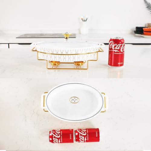 jinsongdafa 10" x 7" Ceramic Oval Casserole Dish with Glass Lid and Gold rack, 30 ounce Serving Soup Tureen,Chafing Dish for Buffet, Family Food preserve Tray, Catering Casserole for Party Style - Thumbnail 2
