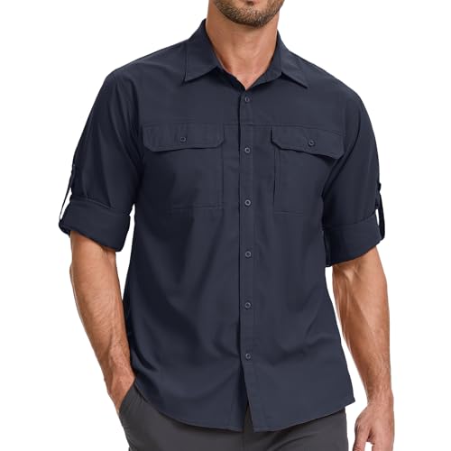 mosingle Camicia da uomo a maniche lunghe con protezione solare, ad asciugatura rapida, traspirante, per pesca, safari, escursioni, viaggi, campeggio, Blu scuro, L