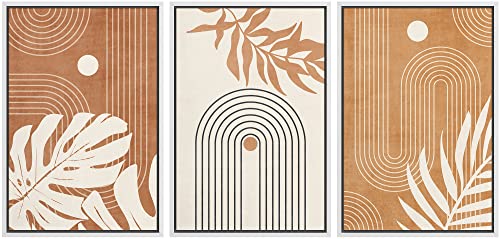 NWT Framed Canvas Print Wall Art Set Mid-Century Tropical Monstera Leaf Abstract Geometric Illustrations Modern Art Decorative Multicolor Calm/Zen for Living Room, Bedroom, Office - 16"x24"x3 White