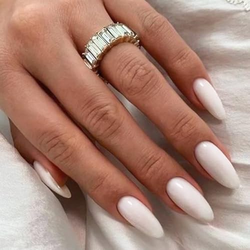 YOSOMMK Medium Press on Nails Almond Fake Nails with Pure Color Designs White Glue on Acrylic Nails Glossy False Nails for Women and Girls - Image 3