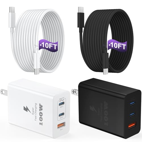 USB C Charger Block 100W, 3-Port GaN Super Fast Phone Charger, Type C 65W Laptop Chargers with 10ft USB C Charging Cable for MacBook Pro/Air,iPad Pro, iPhone 17/16/15Pro, S26 Ultra/S25/S24-Black+White