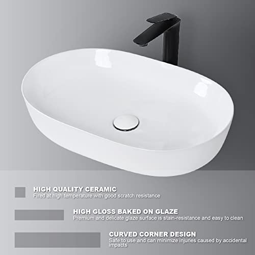 Tysun Vessel Sink Oval, 24'' X 16'' Oval Bathroom Sink White Porcelain Ceramic Vessel Sink, Oval Above Counter Sink Art Basin With Pop-Up Drain #TOP4