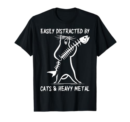 Fácilmente distraído por los gatos y el metal pesado - Funny Rock Cat Camiseta